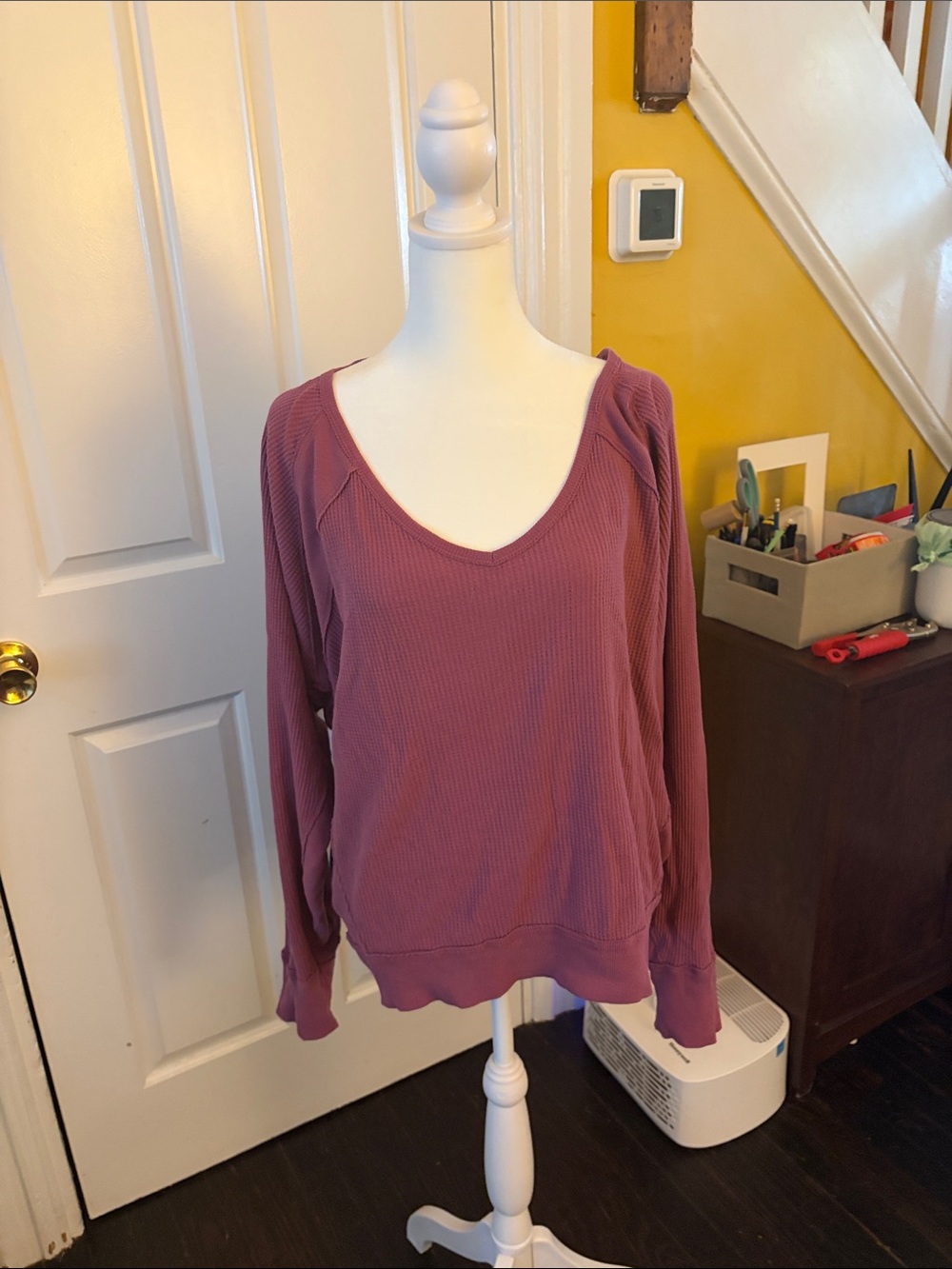 Free People Long Sleeve Waffle Knit Scoop Neck Top in Mauve